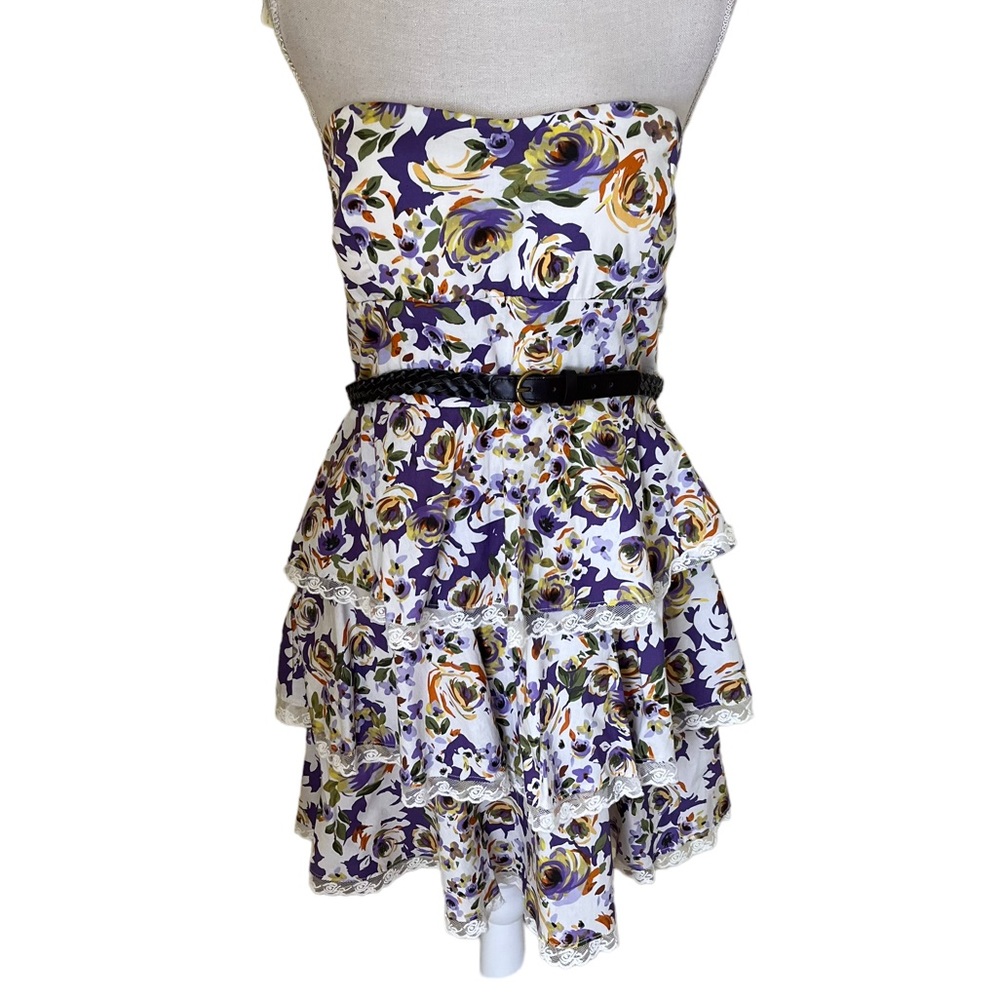 B. Smart White with Purple/Mustard Floral Tiered Ruffle Strapless Mini Dress NEW
